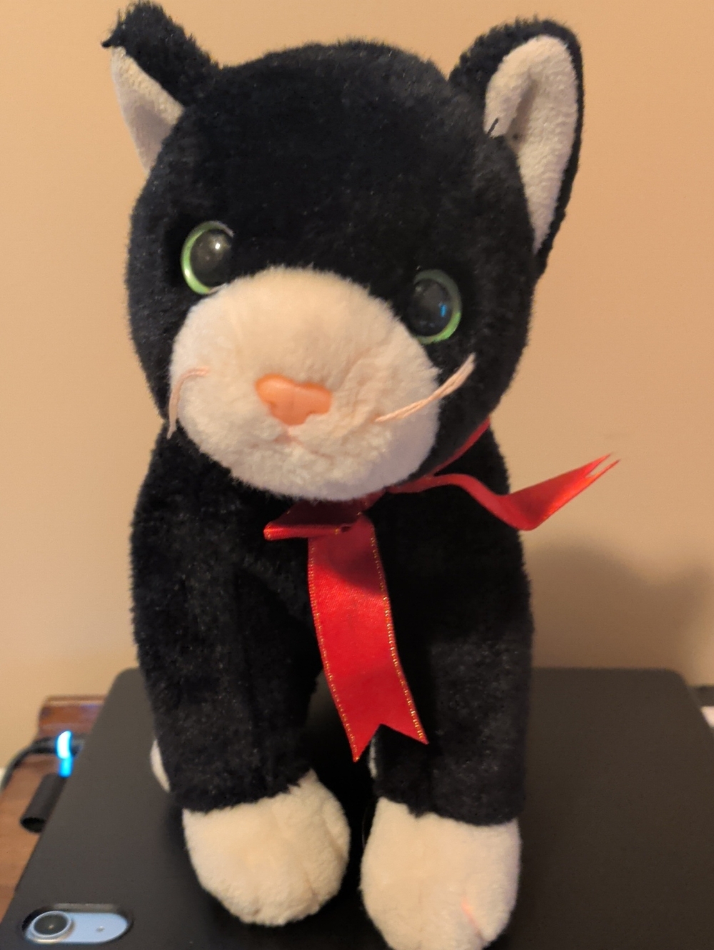 TY Plush Black and White Plush Tuxedo Cat  with Red Ribbon 12"